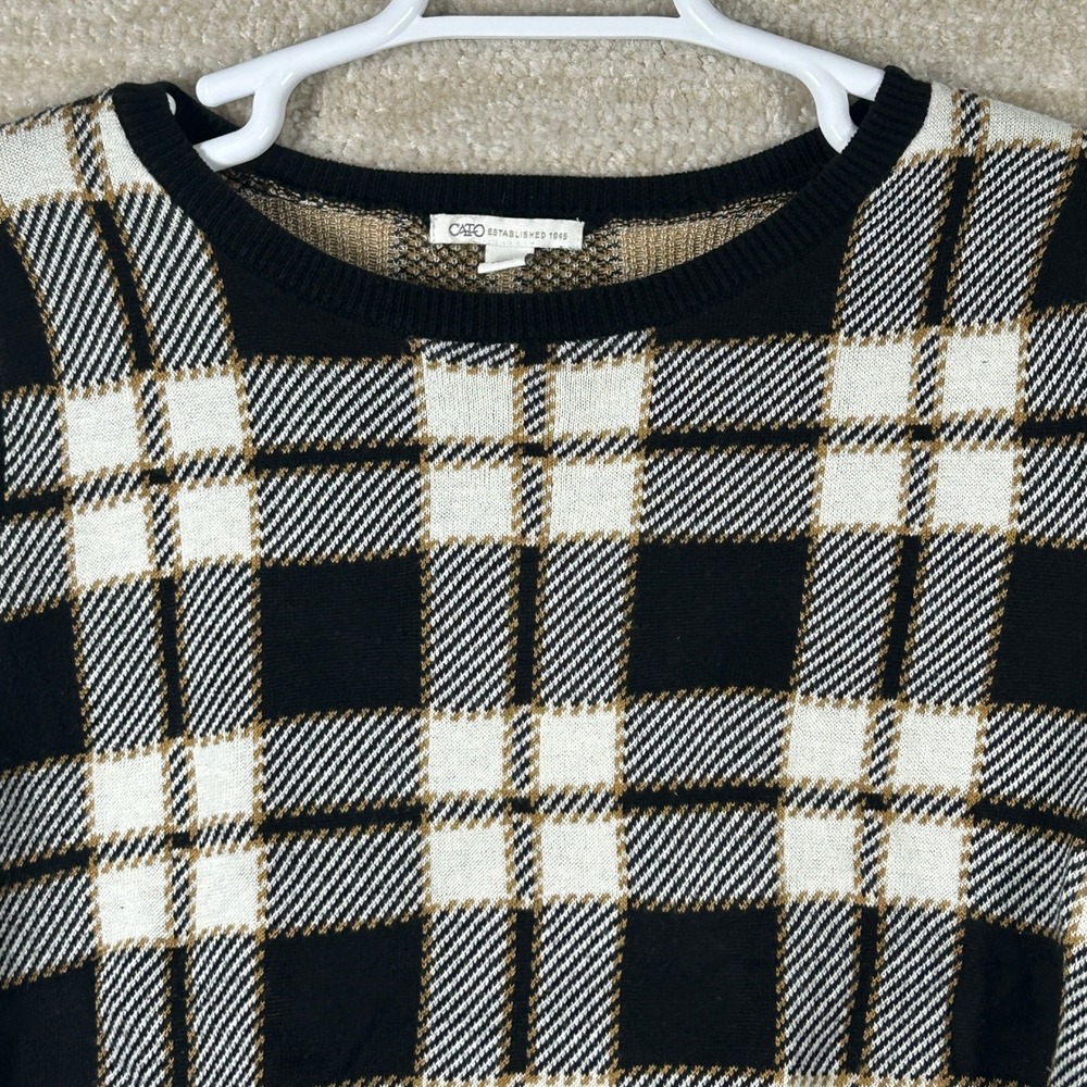 Cato Women Dark Academia Plaid Crewneck Knit Sweater Black White Tan 14/16W XL